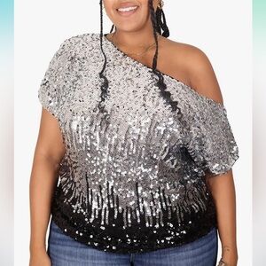 Anna-Kaci Silver and Black Sequin One-Shoulder Top